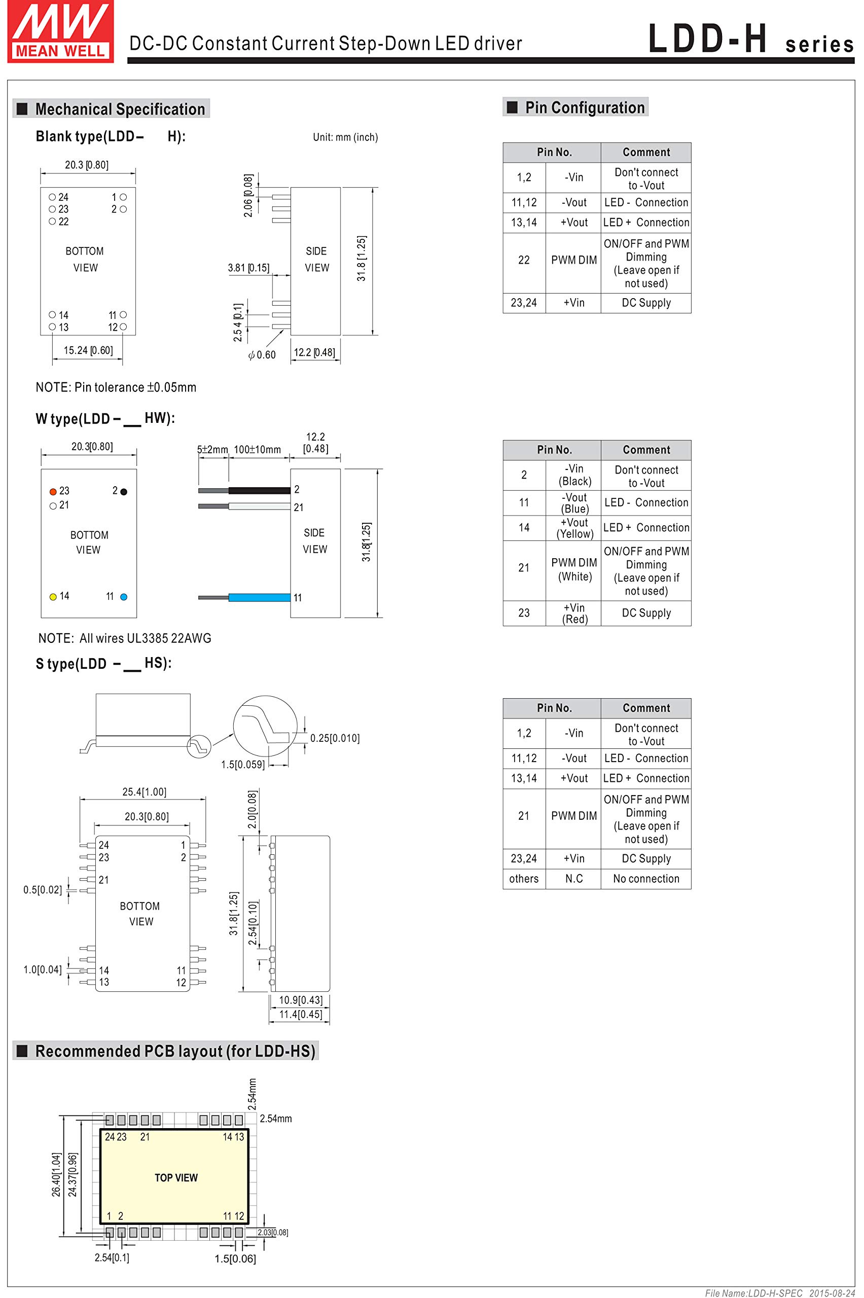 LDD-500H | Mean Well LDD-H Step-Down 500mA CC Pinned DC LED Driver