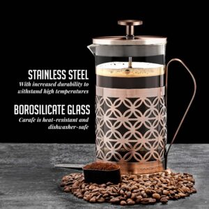 OVENTE French Press Coffee Maker 34 Ounce, 4 Filter Stainless Steel Filter Plunger System & Durable Borosilicate Heat Resistant Glass with Free Scoop, Perfect for Hot & Cold Brew, Copper FSF34C