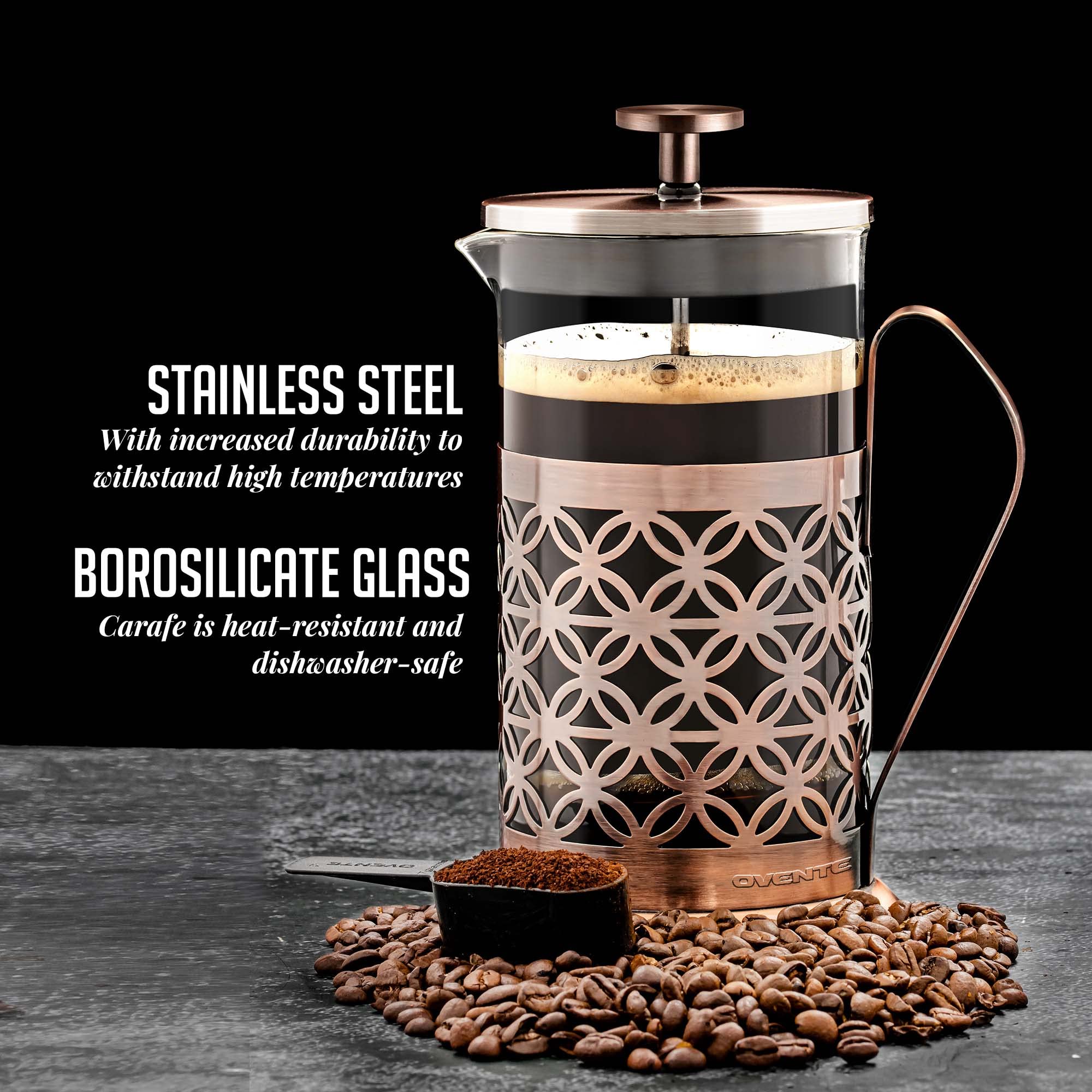 OVENTE French Press Coffee Maker 34 Ounce, 4 Filter Stainless Steel Filter Plunger System & Durable Borosilicate Heat Resistant Glass with Free Scoop, Perfect for Hot & Cold Brew, Copper FSF34C