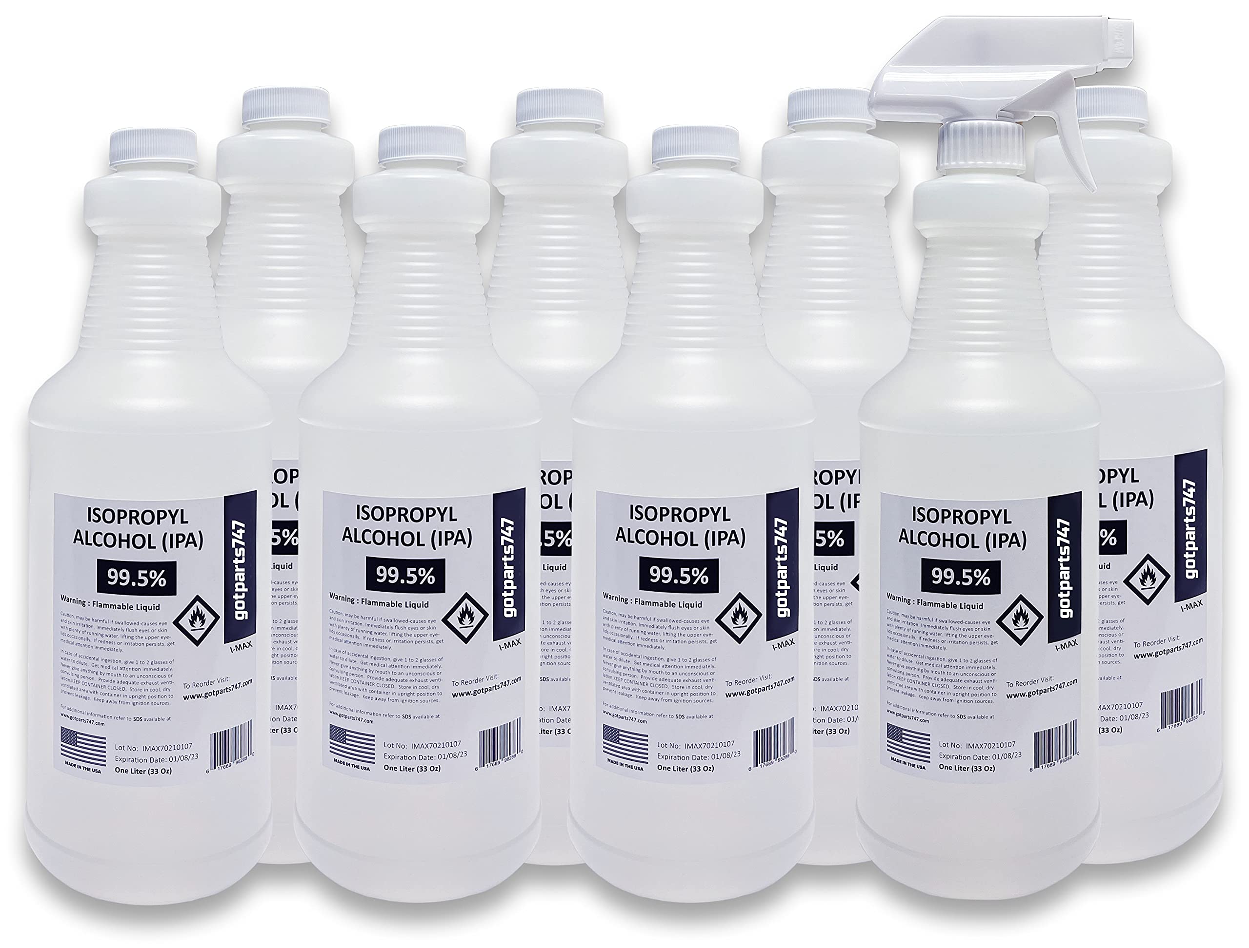 8 X 1000 ml (8 Liters/More Than 2 Gallons) High Purity Isopropyl Alcohol IPA 99.5% - Includes a Trigger Sprayer