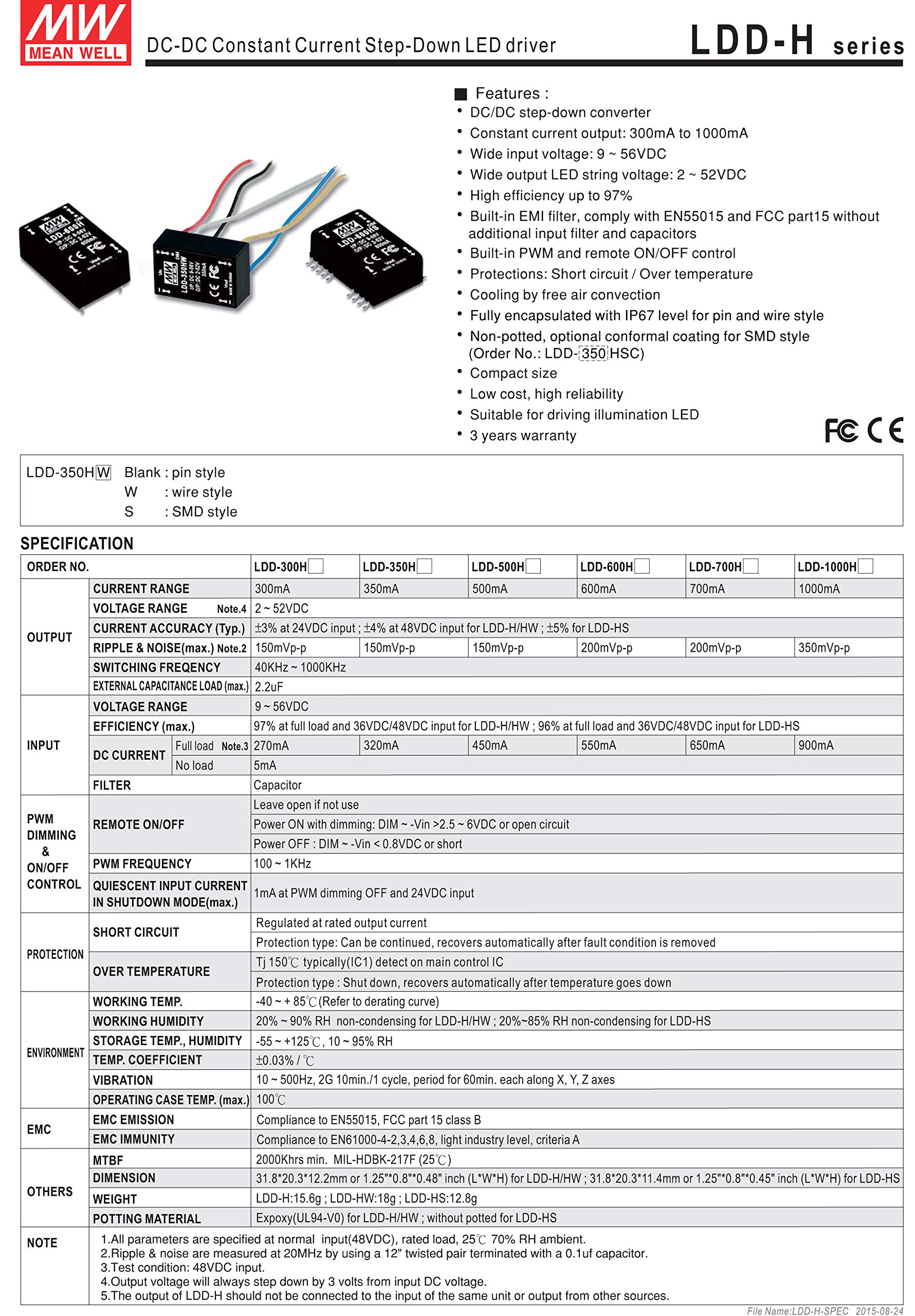 LDD-500H | Mean Well LDD-H Step-Down 500mA CC Pinned DC LED Driver