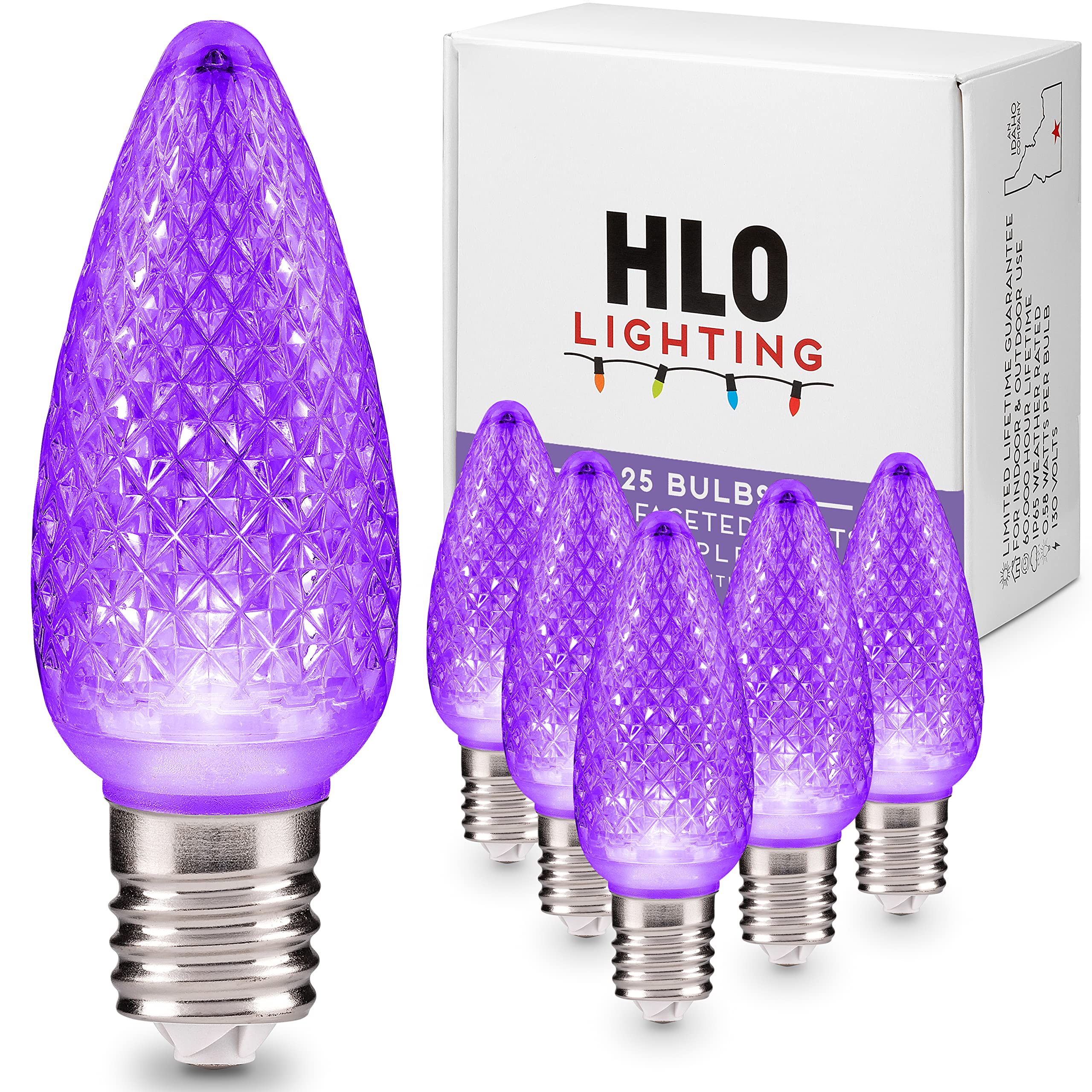 HLO Lighting Set of 25 Purple C9 Christmas Lights | Faceted C9 LED Christmas Light Bulbs for Indoor & Outdoor Use | Durable C9 LED Lights | Replacement C9 Bulbs