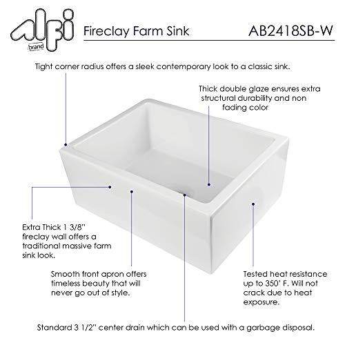 ALFI brand AB2418SB-W Smooth Thick Wall Fireclay Single Bowl Farm Sink, 24", White