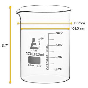 EISCO 6PK Beakers, 1000mL - Low Form with Spout - White, 100mL Graduations - Borosilicate Glass