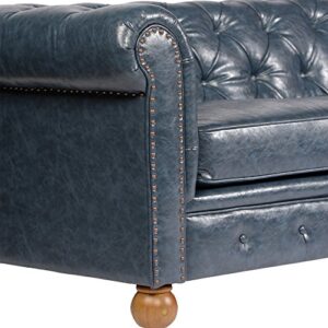 Armen Living Winston Sofa in Blue Bonded Leather and Walnut Wood Finish Wood