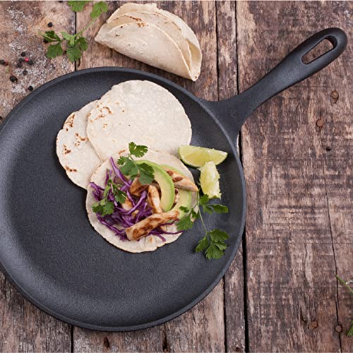 Victoria 10.5-Inch Cast Iron Comal Griddle Pan with a Long Handle, Preseasoned with Flaxseed Oil, Made in Colombia