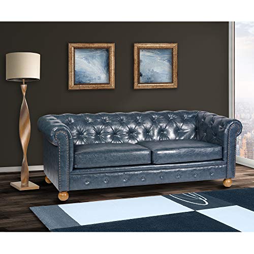 Armen Living Winston Sofa in Blue Bonded Leather and Walnut Wood Finish Wood