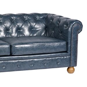 Armen Living Winston Sofa in Blue Bonded Leather and Walnut Wood Finish Wood