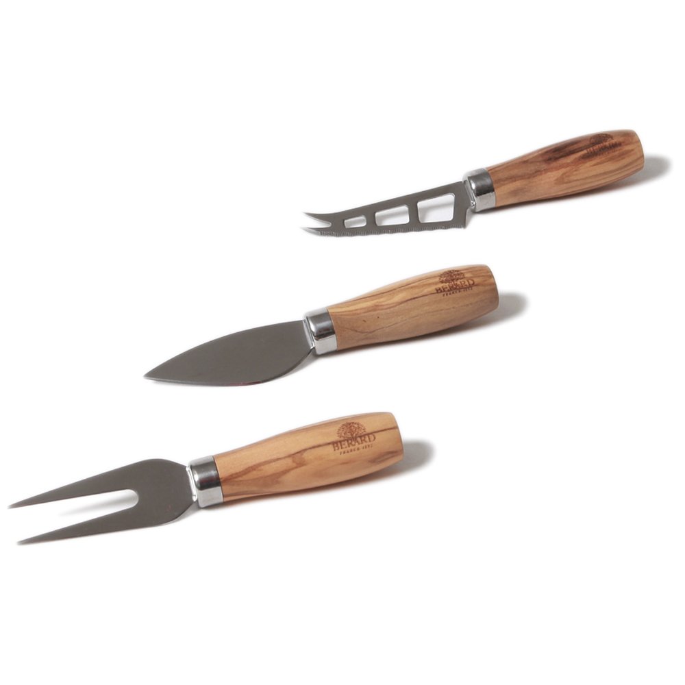 Berard 3-Piece Stainless Steel Cheese Knife Set with Olive Wood Handles (Hard Knife, Soft/Medium Knife and Cheese Fork)