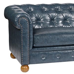 Armen Living Winston Sofa in Blue Bonded Leather and Walnut Wood Finish Wood