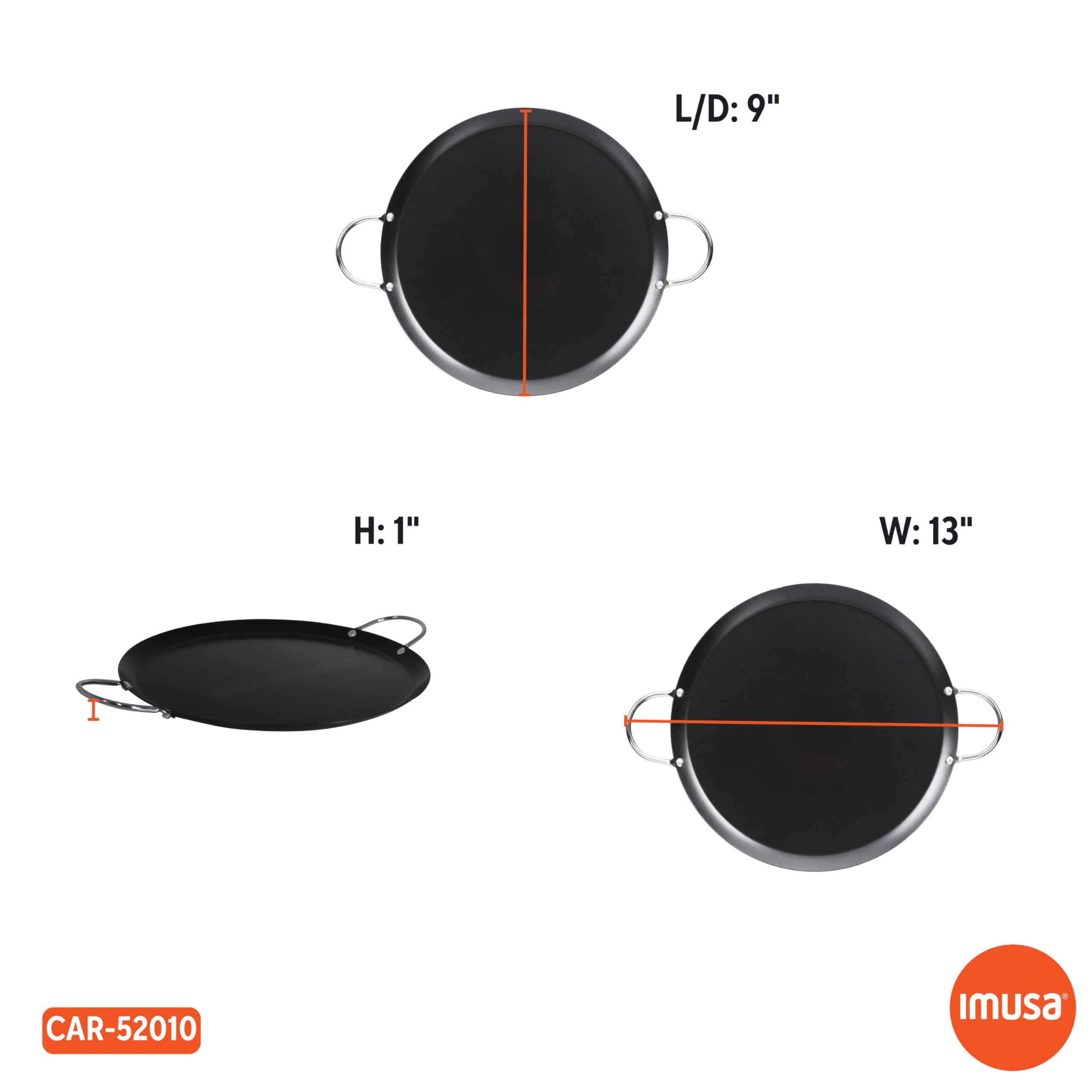 IMUSA 9in Carbon Steel Nonstick Round Comal with Metal Handles, Black