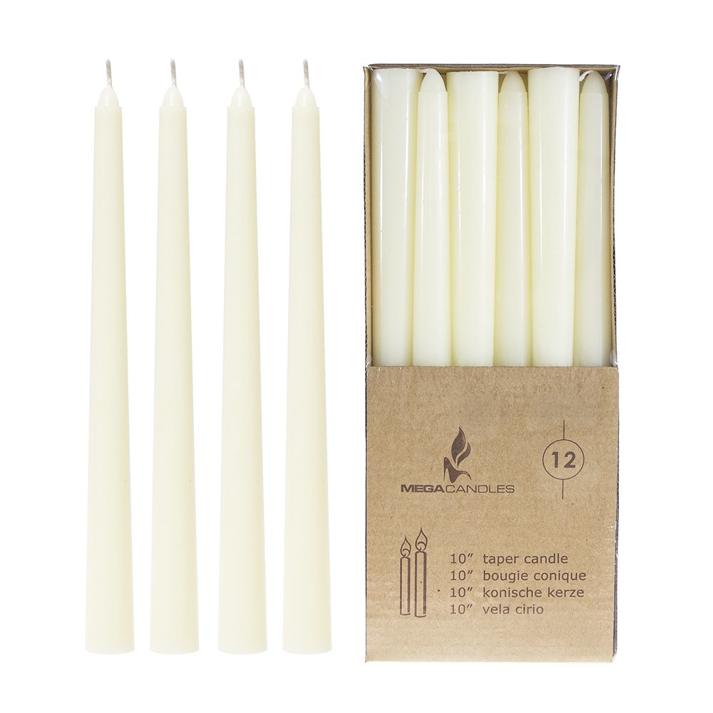 Mega Candles 12 pcs Unscented Ivory Taper Candles, Hand Poured Wax Candle 10 Inch x 7/8 Inch, Home Décor, Wedding Receptions, Centerpieces, Birthdays, Celebrations, Romantic Dinners, Candle Holders