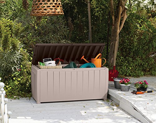 Keter Novel Outdoor Plastic Storage Box Garden Furniture, Beige and Brown, 124 x 55 x 62.5 cm