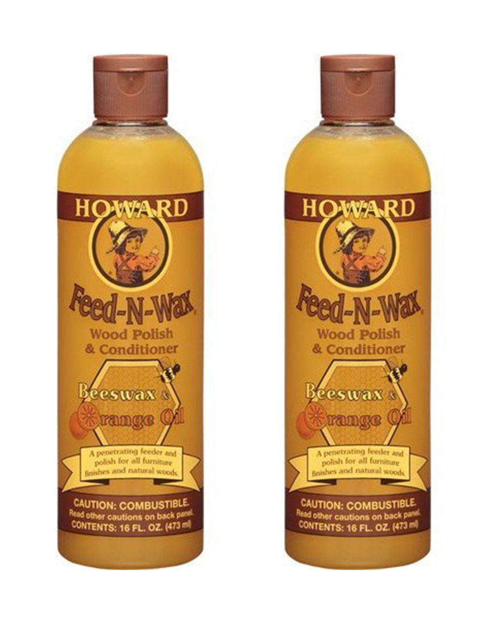 HOWARD Feed n Wax Wood & Conditioner Beeswax Polish, Orange, 16 Fl Oz, Pack of 2