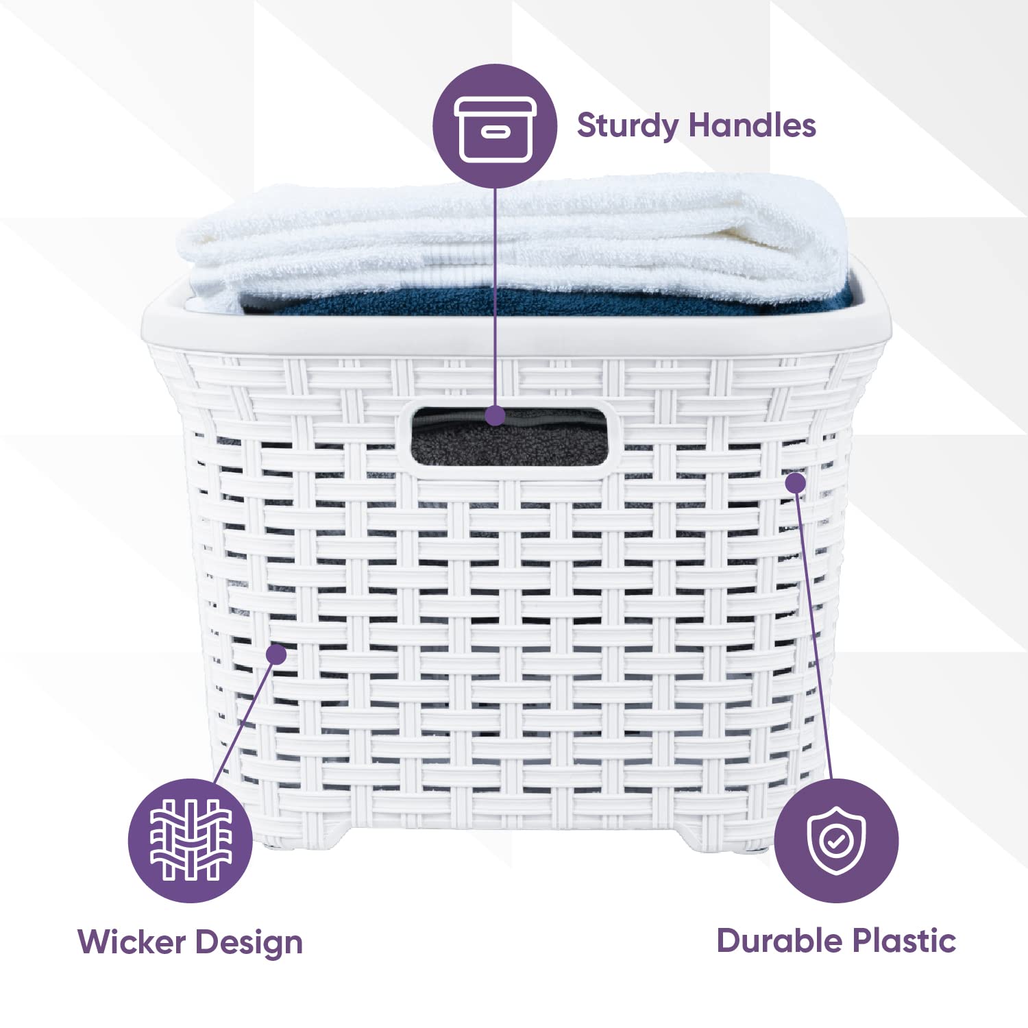 Superio Wicker Style Laundry Basket with Cutout Handles 50 Liter White Easy Storage Dirty Clothes in Washroom, Bathroom, or Bedroom