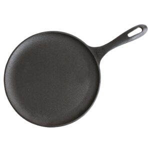 victoria 10.5-inch cast iron comal griddle pan with a long handle, preseasoned with flaxseed oil, made in colombia