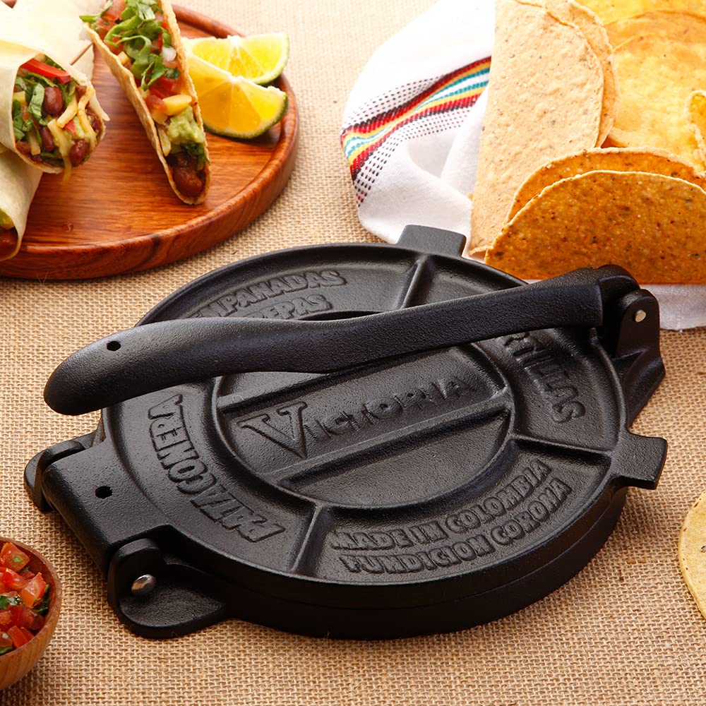 Victoria 6.5 Inch Cast Iron Tortilla Press. Tortilla Maker, Flour Tortilla press, Rotis Press, Dough Press, Pataconera Seasoned with Flaxeed Oil