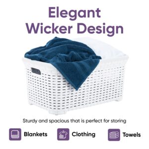 Superio Wicker Style Laundry Basket with Cutout Handles 50 Liter White Easy Storage Dirty Clothes in Washroom, Bathroom, or Bedroom