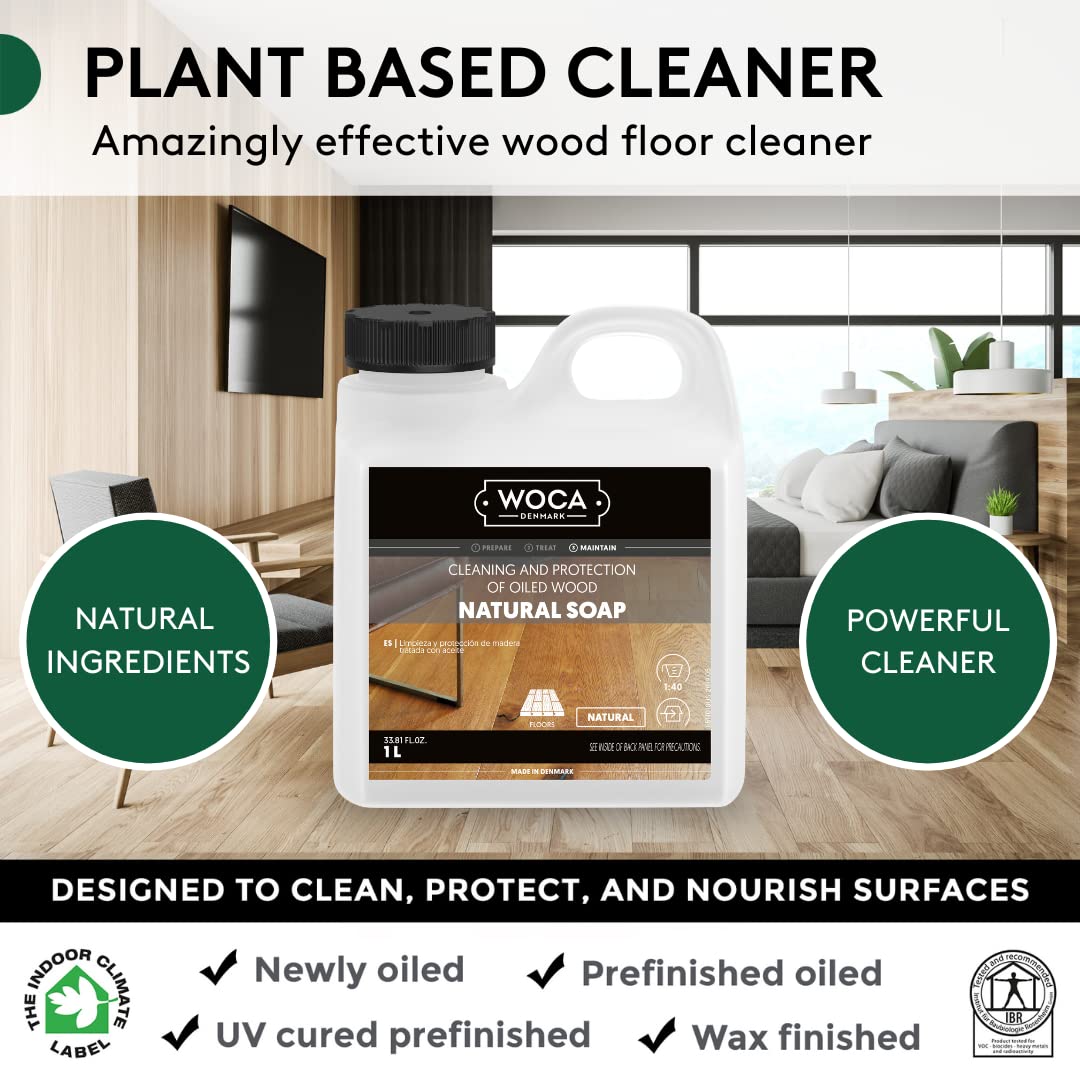 WOCA Natural Soap, Natural 1L - Concentrated Wood Cleaner for oil finished hardwood floors, tables, millwork, cutting boards, countertops and butcher block