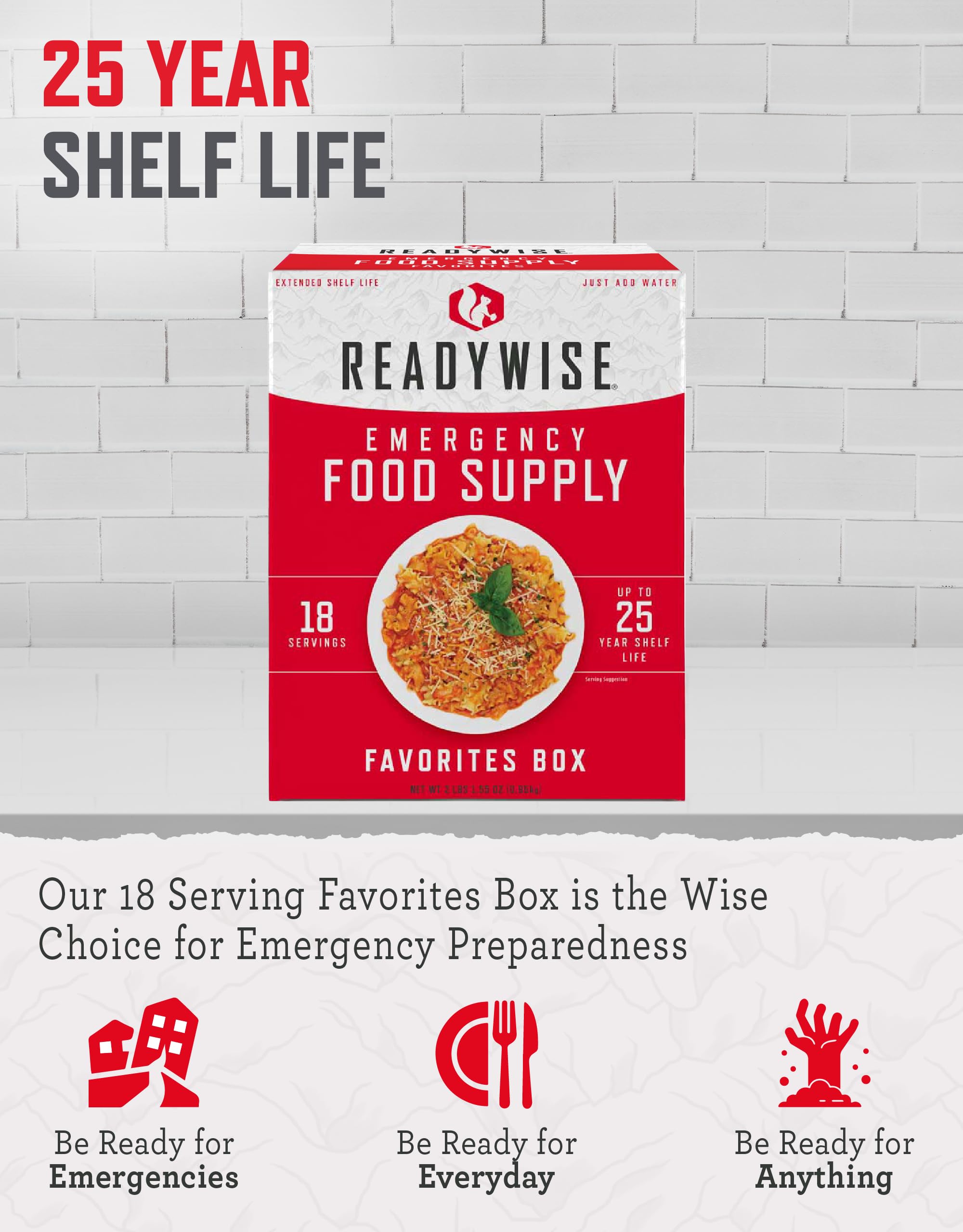 READYWISE - Favorite’s Box, 18 Servings, MRE, Emergency Food Supply, Premade, Freeze Dried Food, Survival Meal, Hiking, Adventure & Camping Essentials, Just Add Water, 25-Year Shelf Life