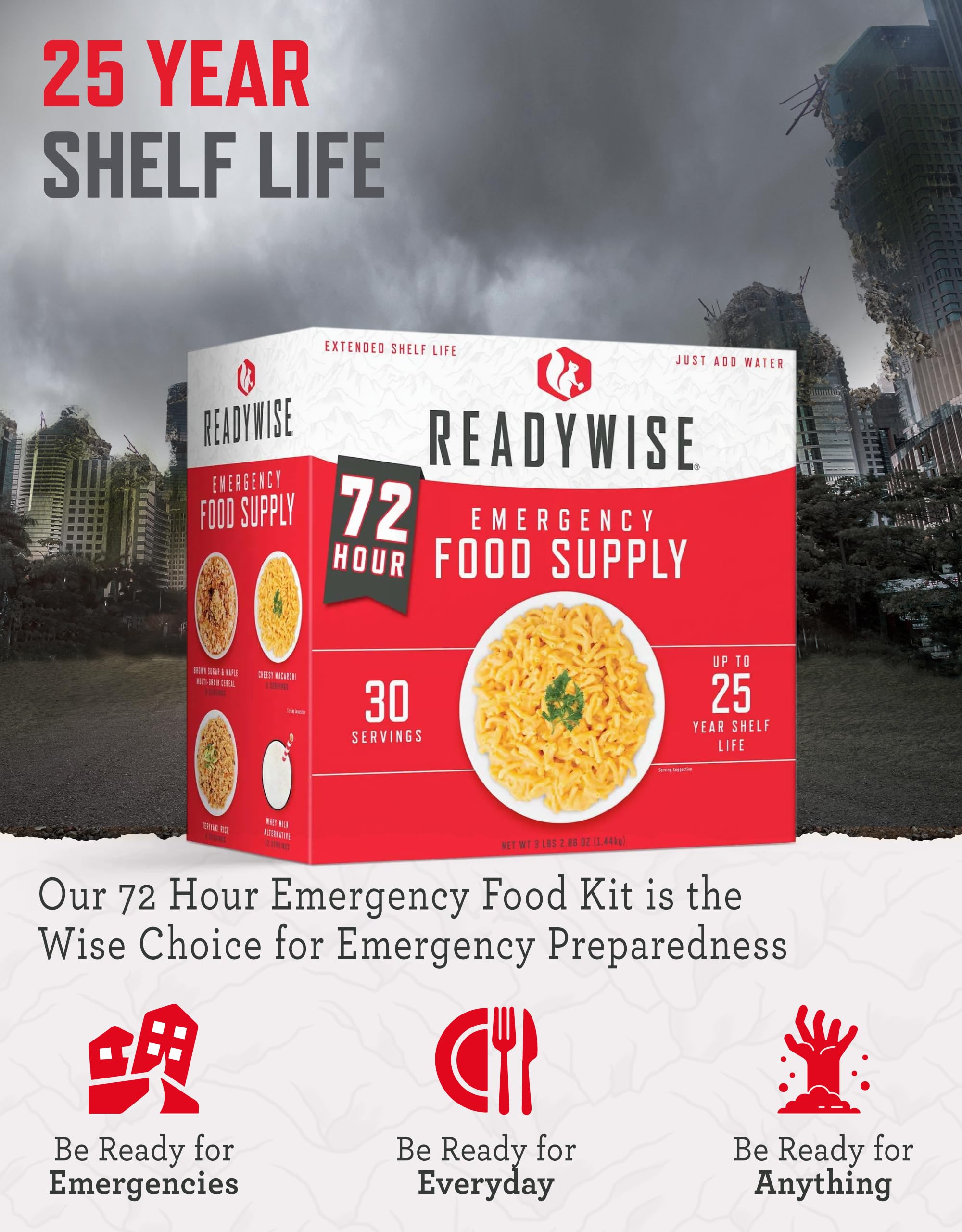 READYWISE - 72 Hours, 30 Servings, Emergency Food Supply, MRE, Pre-made, Freeze-Dried, Survival Food, Meal Essentials for, Camping, Hiking, and, Emergencies, Individually Packaged, 25-Year Shelf Life