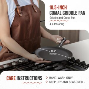 Victoria 10.5-Inch Cast Iron Comal Griddle Pan with a Long Handle, Preseasoned with Flaxseed Oil, Made in Colombia