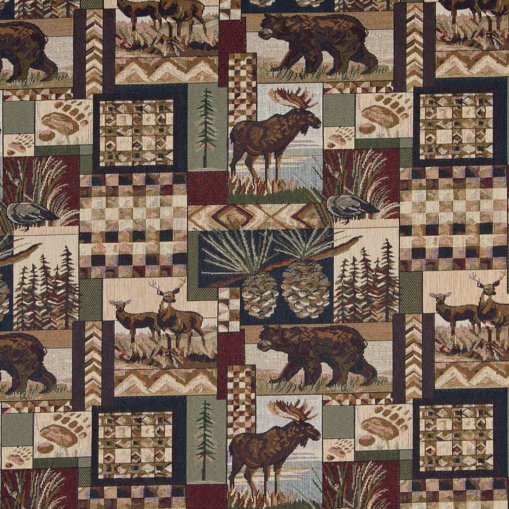 A014 Bears Deer Moose Acorns and Pine Trees Themed Tapestry Upholstery Fabric by The Yard