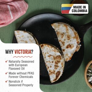 Victoria 10.5-Inch Cast Iron Comal Griddle Pan with a Long Handle, Preseasoned with Flaxseed Oil, Made in Colombia