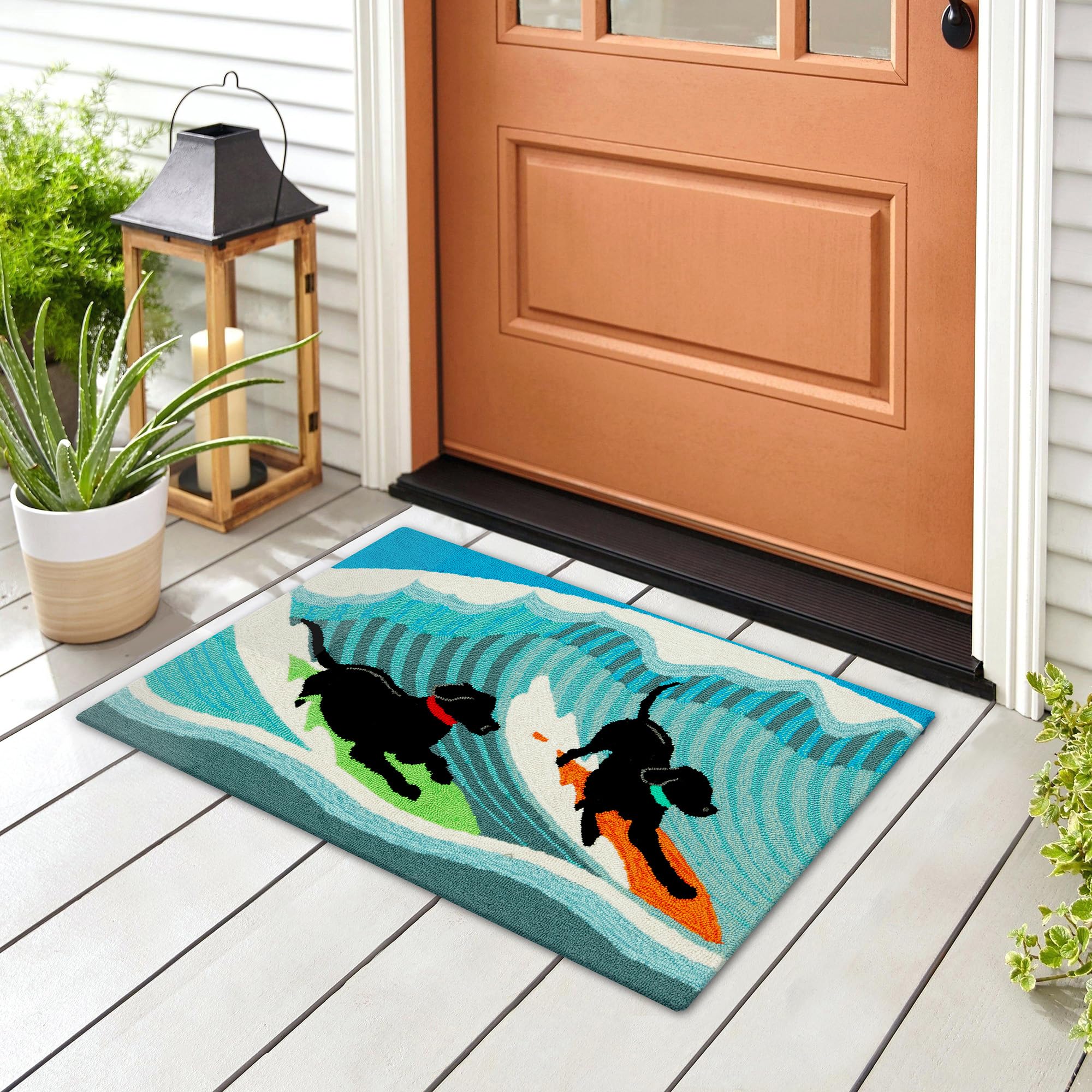 Liora Manne Frontporch Indoor Outdoor Rug - Novelty Design, Hand Hooked, Weather Resistant, UV Stabilized, Foyers, Porches, Patios & Decks, Surfing Dogs, 2' x 3'