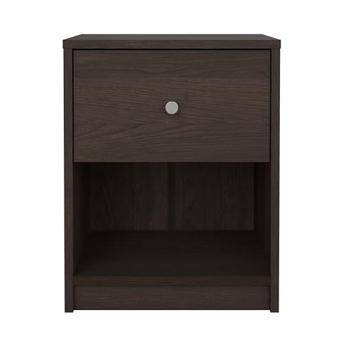 Tvilum, 1 Drawer 1 Shelf Nightstand, Bedroom Furniture, Silver Drawer Knobs, Dark Brown