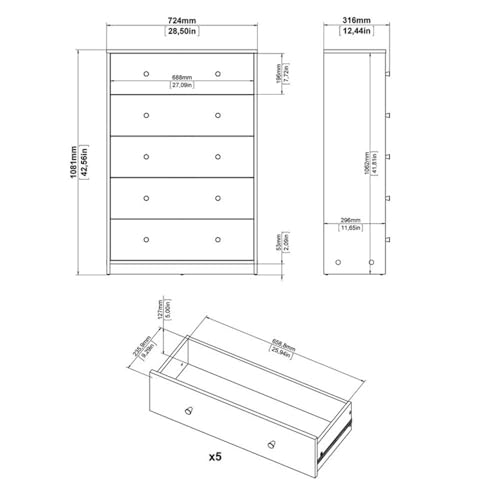 Tvilum 703292020 Portland 5 Drawer Chest, Coffee