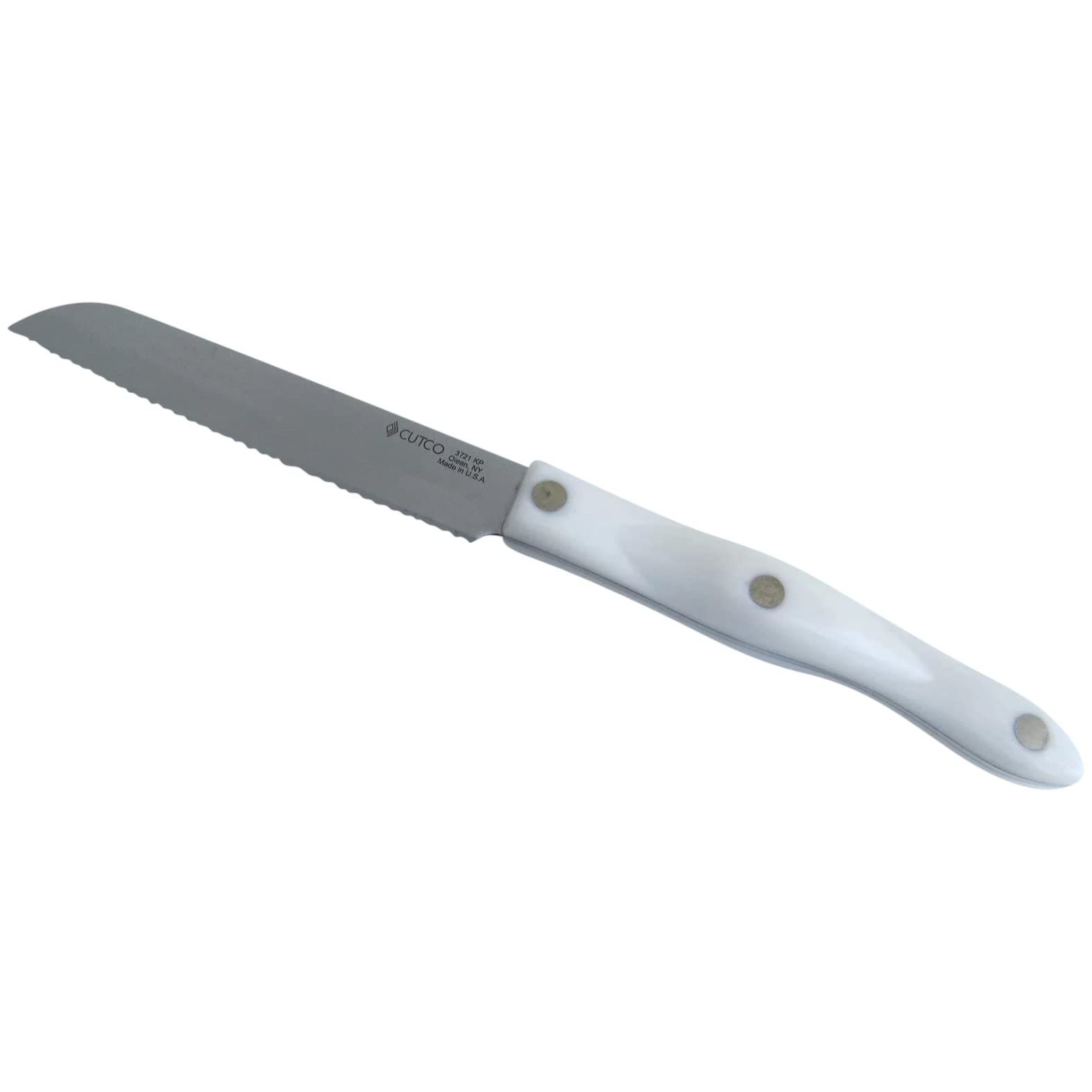 CUTCO Model 3721 White (Pearl) Santoku Trimmer Knife with High Carbon Stainless 4-7/8"" Double-D serrated edge blade and 5 1/4" handle.