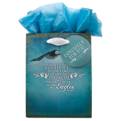 Christian Art Gifts Gift Bag with Tissue Paper: On Wings Like Eagles - Isaiah 40:31 Inspirational Bible Verse, Blue, Small