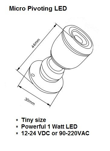 Micro Pivoting LED Spotlight - 1 Watt High Power LED Lamp - Tiny Size, Cool White LED, 12 to 28VDC