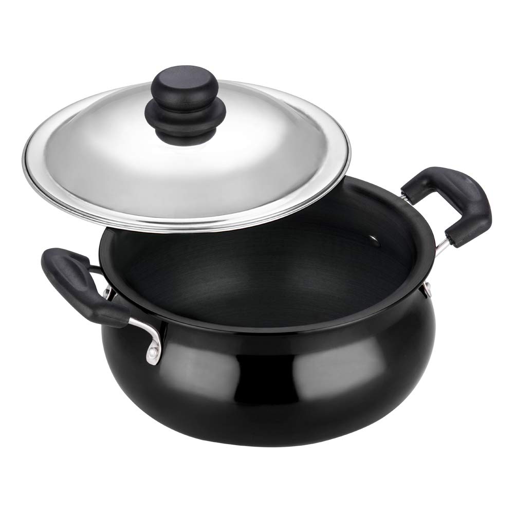 Vinod Black Pearl Hard Anodised Handi – Stainless Steel Lid – Medium Size – 5 Liters (5.2 Quarts) – Suitable For Biryani, Pulao, Gravy –Aluminum Pot - Metal Spoon Friendly – 21 Cups