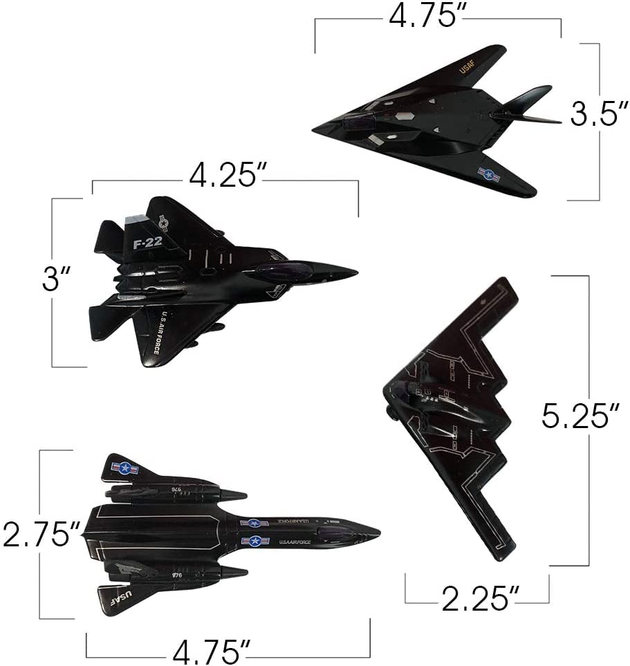 🛦 Die Cast Metal 4.5" Stealth Bomber Jets with Pullback Action. B2 Bomber, SR-71 Blackbird, F-117 Nighthawk, F/A-22 Raptor 4Set