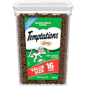 temptations classic crunchy and soft cat treats seafood medley flavor, 16 oz. tub