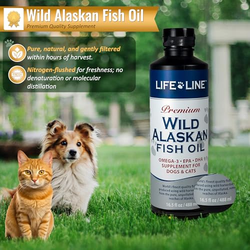 Life Line Pet Nutrition Wild Alaskan Fish Oil Omega-3 Supplement for Skin & Coat – Supports Brain, Eye & Heart Health in Dogs & Cats, 16.5oz