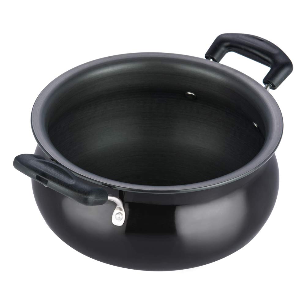 Vinod Black Pearl Hard Anodised Handi – Stainless Steel Lid – Medium Size – 5 Liters (5.2 Quarts) – Suitable For Biryani, Pulao, Gravy –Aluminum Pot - Metal Spoon Friendly – 21 Cups