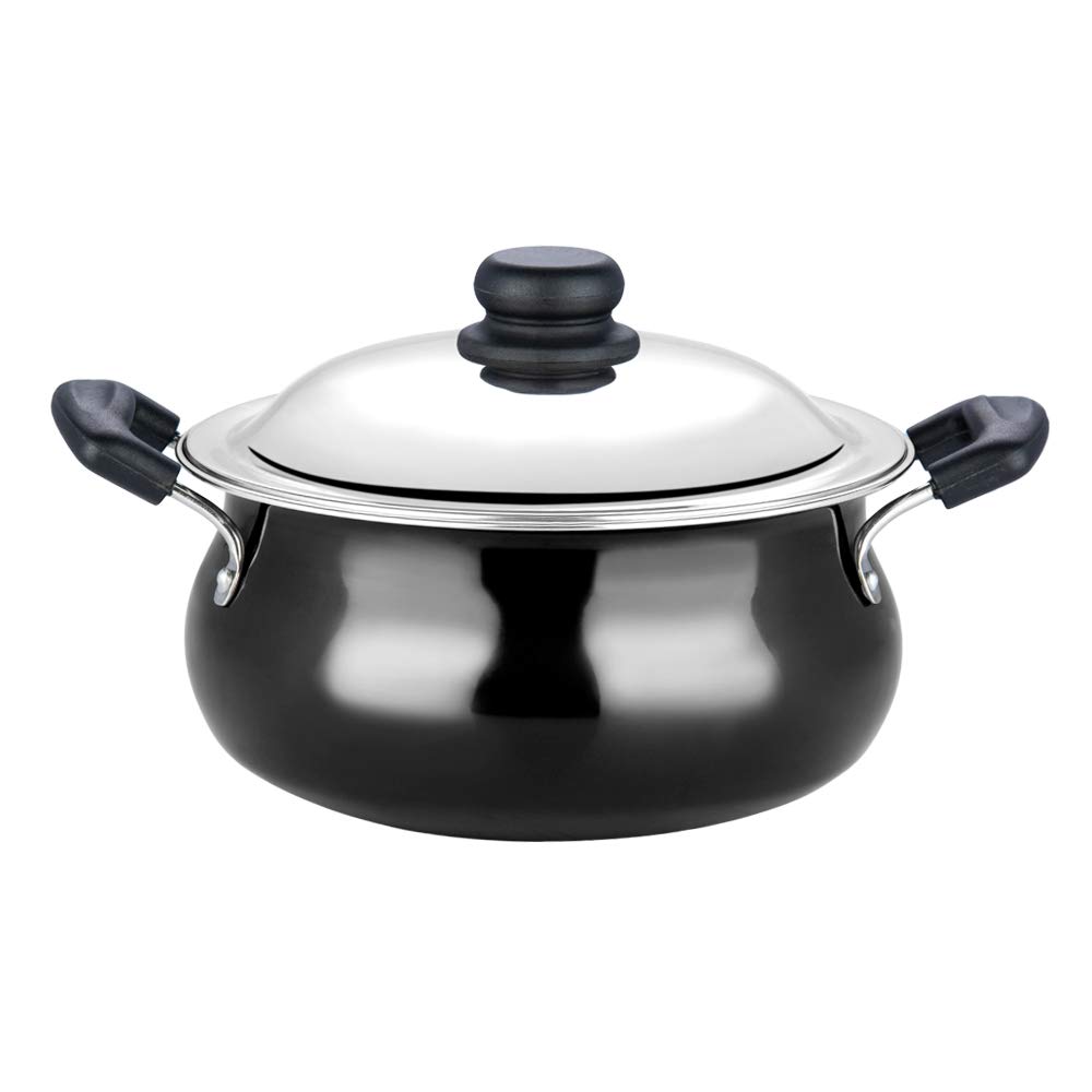 Vinod Black Pearl Hard Anodised Handi – Stainless Steel Lid – Medium Size – 5 Liters (5.2 Quarts) – Suitable For Biryani, Pulao, Gravy –Aluminum Pot - Metal Spoon Friendly – 21 Cups