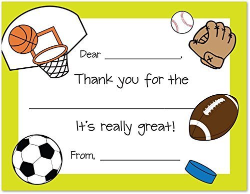 MyExpression.com 20 Sports Theme Kids Fill-in Birthday Thank You Cards - Green