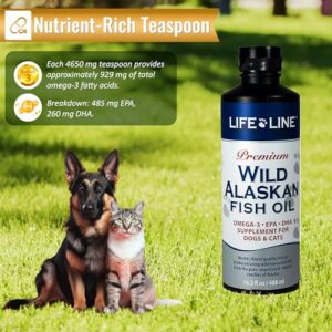 Life Line Pet Nutrition Wild Alaskan Fish Oil Omega-3 Supplement for Skin & Coat – Supports Brain, Eye & Heart Health in Dogs & Cats, 16.5oz