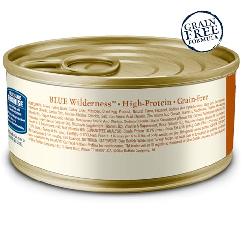 Blue Buffalo Wilderness Natural High-Protein Grain-Free Wet Food for Adult Cats, Turkey Paté, 5.5-oz. Cans, 24 Count