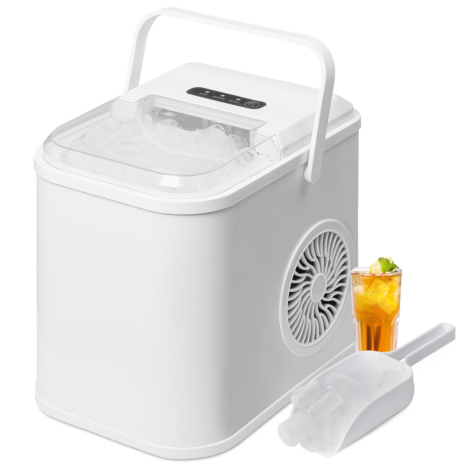 mollie Ice Makers Countertop, 8 Mins 8 Bullet Ice, 24lbs Per Day, Portable Ice Maker Machine with Handle, Self-Cleaning Ice Scoop and Basket, for Home Kitchen Office Camping Bar Party, White