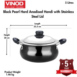 Vinod Black Pearl Hard Anodised Handi – Stainless Steel Lid – Medium Size – 5 Liters (5.2 Quarts) – Suitable For Biryani, Pulao, Gravy –Aluminum Pot - Metal Spoon Friendly – 21 Cups