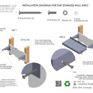 DMT Stainless Wall Shelf. 24" X 8" Deep. Made in USA. 16 Gauge 304/L Stainless Steel.