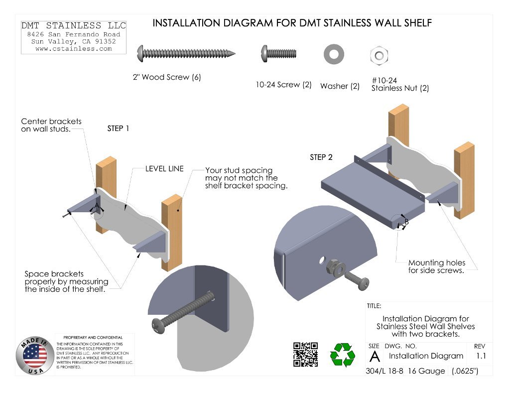 DMT Stainless Wall Shelf. 24" X 8" Deep. Made in USA. 16 Gauge 304/L Stainless Steel.