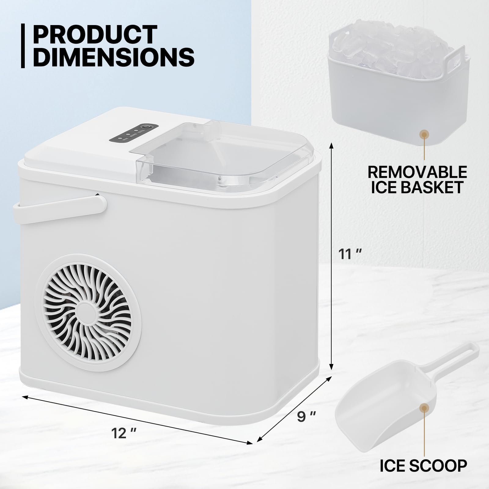 mollie Ice Makers Countertop, 8 Mins 8 Bullet Ice, 24lbs Per Day, Portable Ice Maker Machine with Handle, Self-Cleaning Ice Scoop and Basket, for Home Kitchen Office Camping Bar Party, White