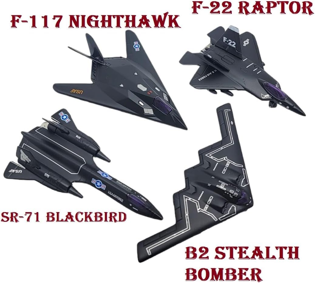 🛦 Die Cast Metal 4.5" Stealth Bomber Jets with Pullback Action. B2 Bomber, SR-71 Blackbird, F-117 Nighthawk, F/A-22 Raptor 4Set