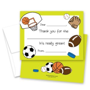 myexpression.com 20 sports theme kids fill-in birthday thank you cards - green